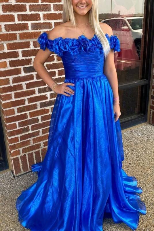 Royal Blue A-Line Pleated Prom Dress with Flower Off Shoulder