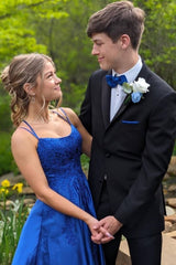 Royal Blue Applique A-Line Satin Prom Dress with Double Straps