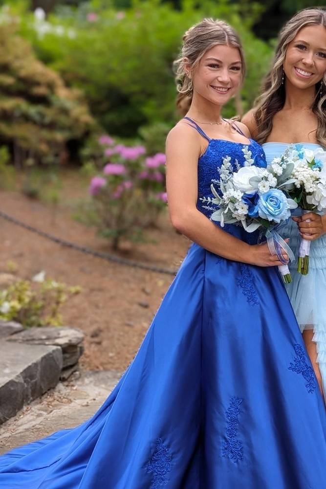 Royal Blue Applique A-Line Satin Prom Dress with Double Straps