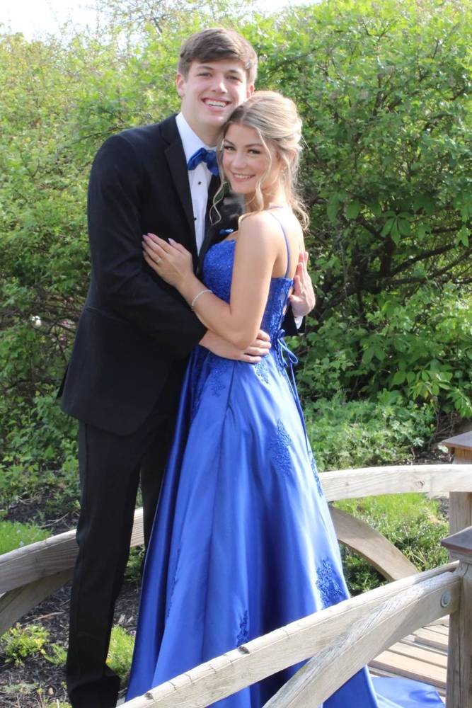 Royal Blue Applique A-Line Satin Prom Dress with Double Straps