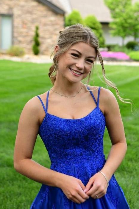 Royal Blue Applique A-Line Satin Prom Dress with Double Straps