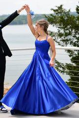 Royal Blue Applique A-Line Satin Prom Dress with Double Straps