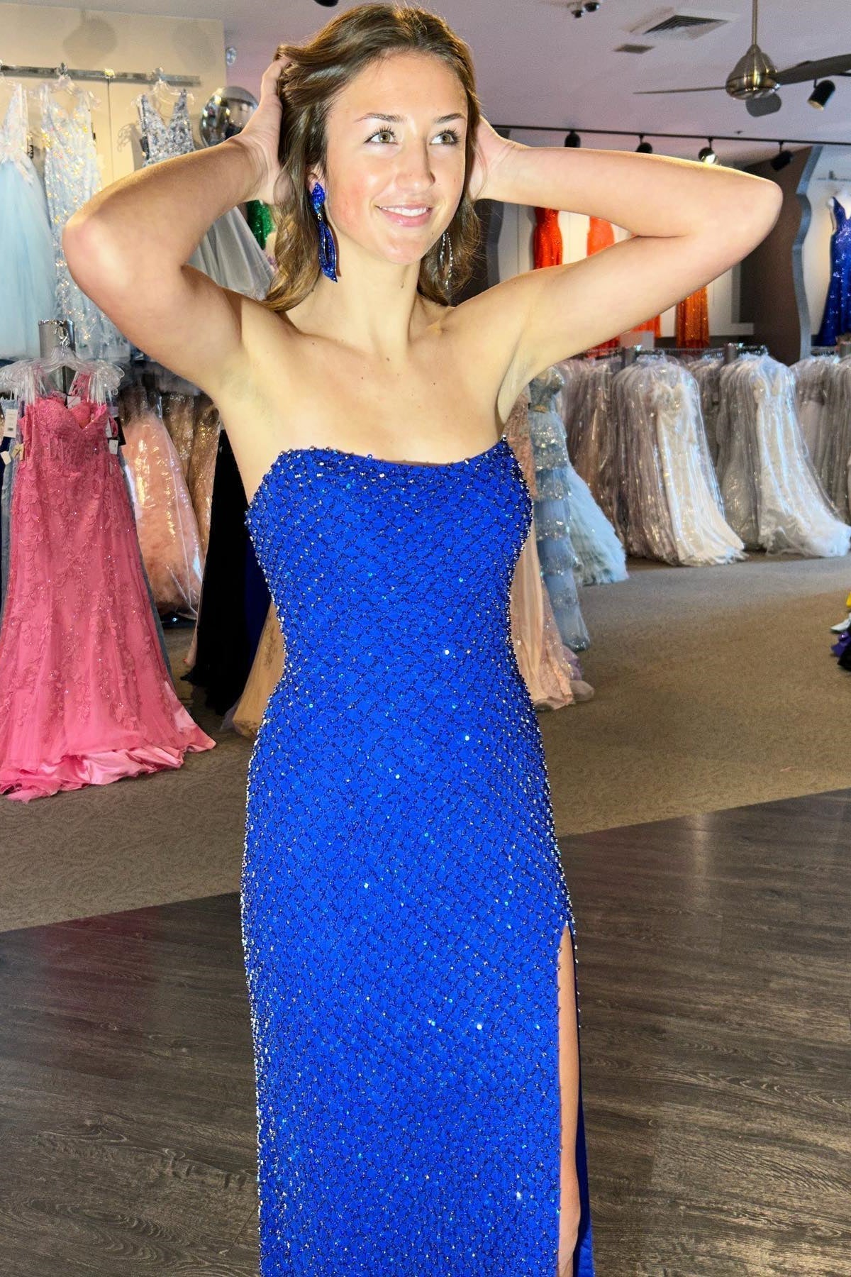 Royal Blue Fitted Strapless Beaded Grid Long Prom Dress with Slit