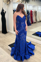 Royal Blue Lace Strapless Beaded Mermaid Long Prom Dress