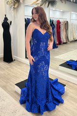 Royal Blue Lace Strapless Beaded Mermaid Long Prom Dress