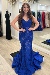 Royal Blue Lace Strapless Beaded Mermaid Long Prom Dress