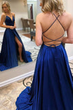 Royal Blue Long A-Line V-neck Satin Open Back Prom Dress With Slit-27Dress