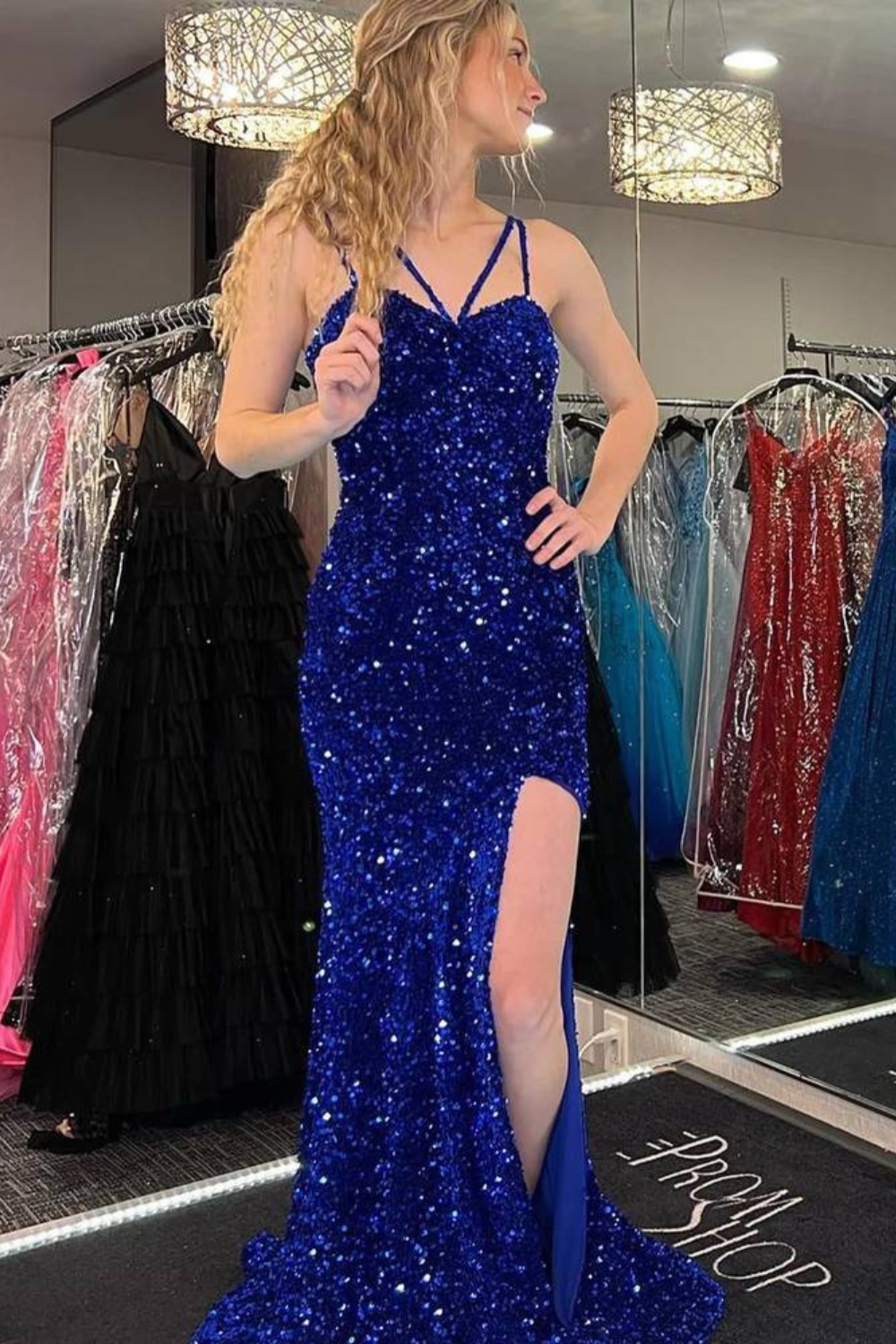 Royal Blue Long Mermaid Halter Sequins Prom Dress with Slit-27dress