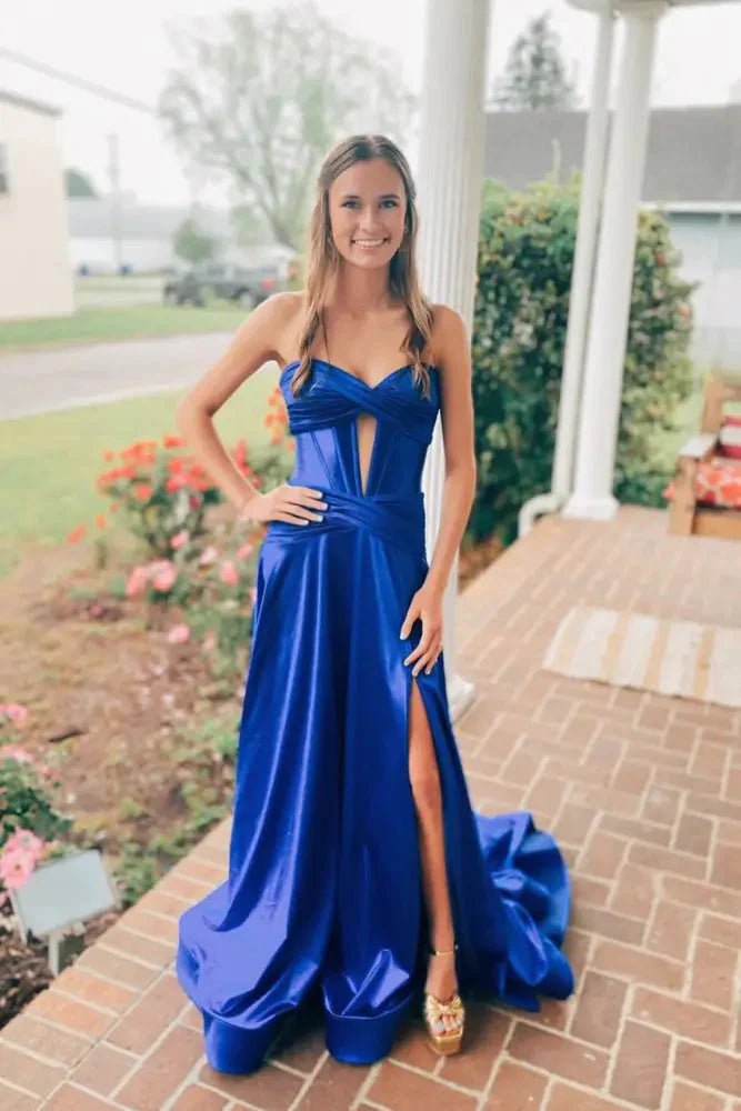 Royal Blue Strapless Keyhole A-Line Prom Dress with Slit