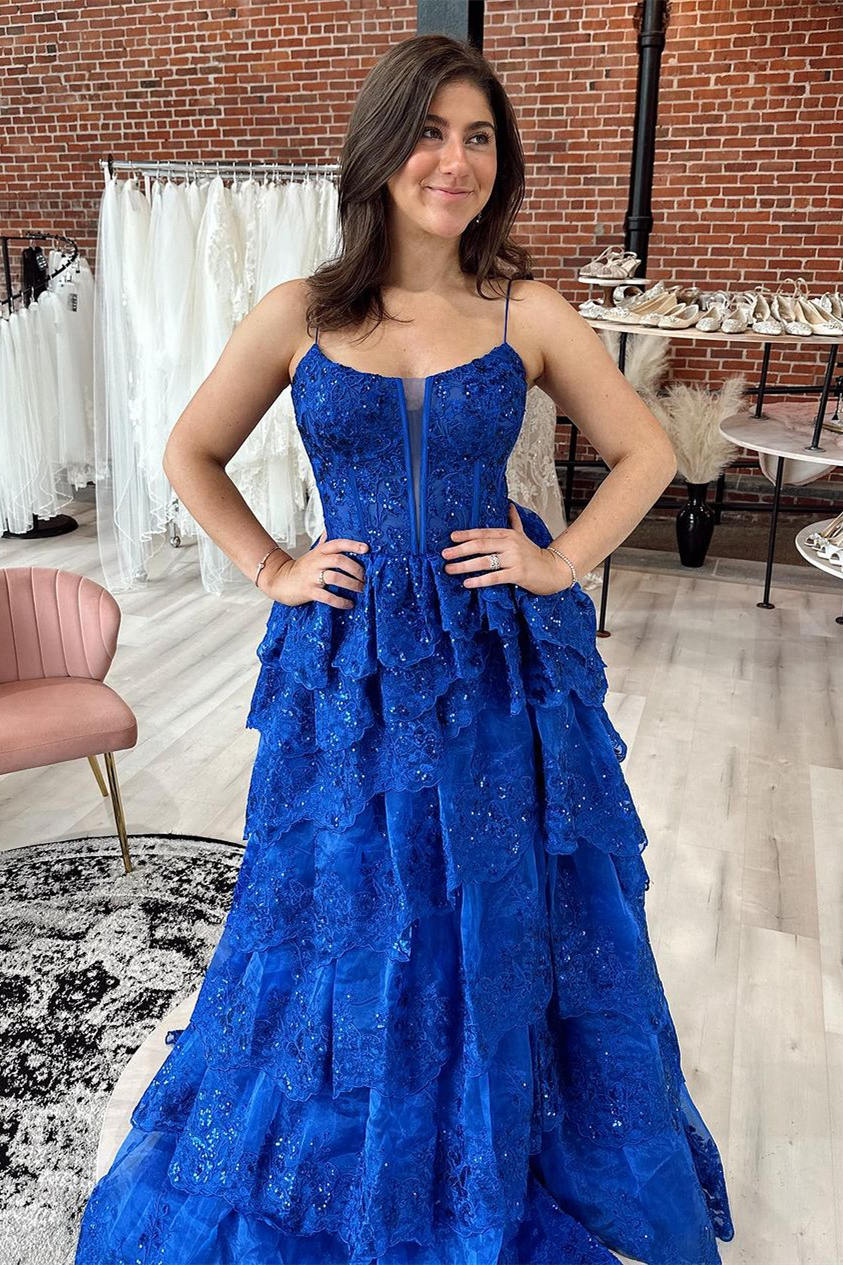 Royal Blue Straps Tiered A-Line Prom Dress with Sequins