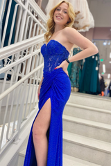 Royal Blue Sweetheart Beaded Satin Long Prom Dress with Slit