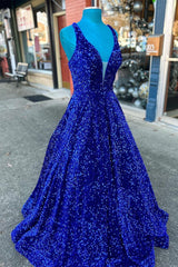 Royal Blue V Neck Lace-Up Back Sequins Long Prom Dress