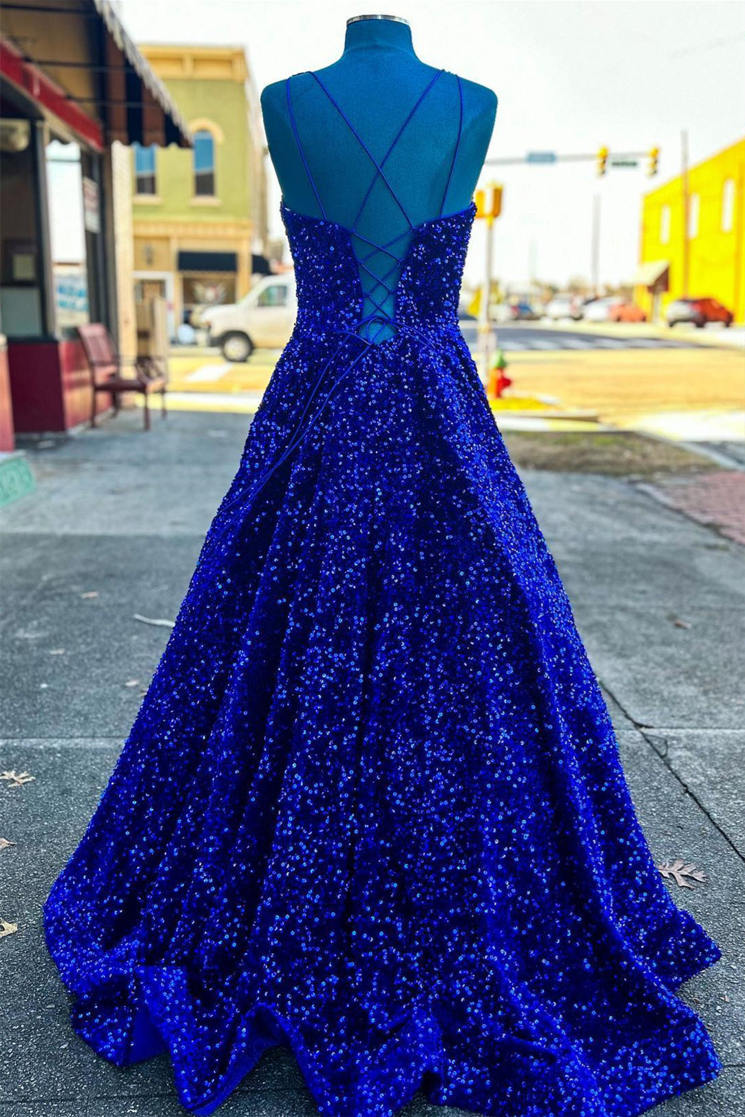 Royal Blue V Neck Lace-Up Back Sequins Long Prom Dress