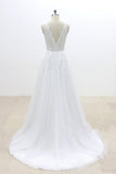 Ruffle V-neck Appliques Tulle A-line Wedding Dress On Sale-27dress