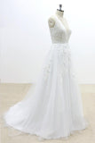 Ruffle V-neck Appliques Tulle A-line Wedding Dress On Sale-27dress