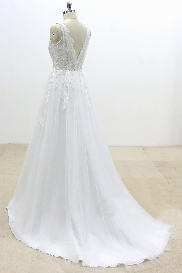 Ruffle V-neck Appliques Tulle A-line Wedding Dress On Sale-27dress