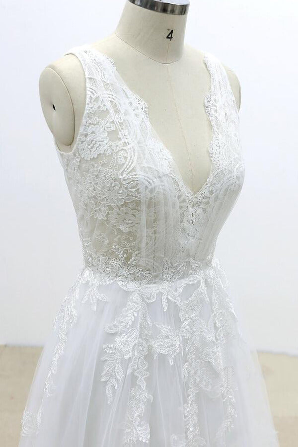 Ruffle V-neck Appliques Tulle A-line Wedding Dress On Sale-27dress