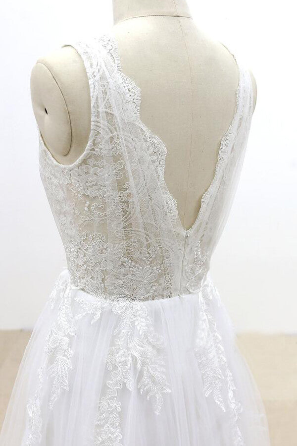 Ruffle V-neck Appliques Tulle A-line Wedding Dress On Sale-27dress