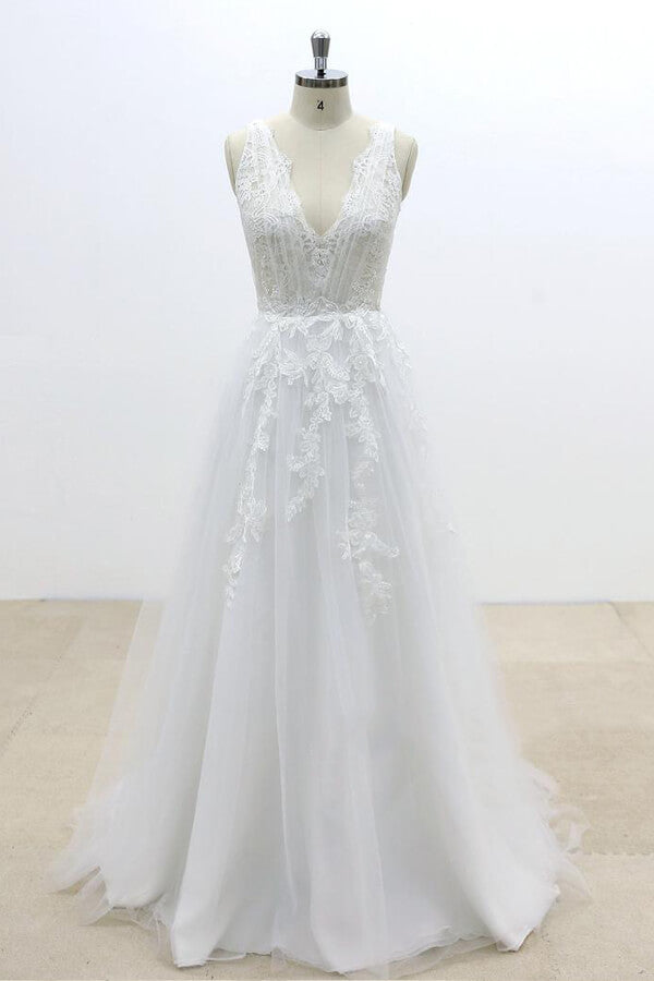 Ruffle V-neck Appliques Tulle A-line Wedding Dress On Sale-27dress