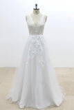 Ruffle V-neck Appliques Tulle A-line Wedding Dress On Sale-27dress