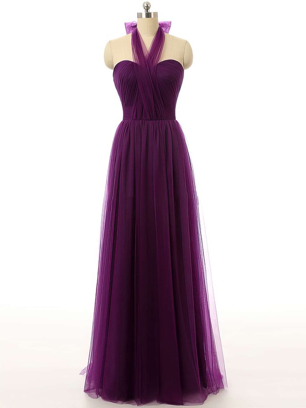 Ruffled Halter Purple Bridesmaid Dress with Tulle Floor-length Hem