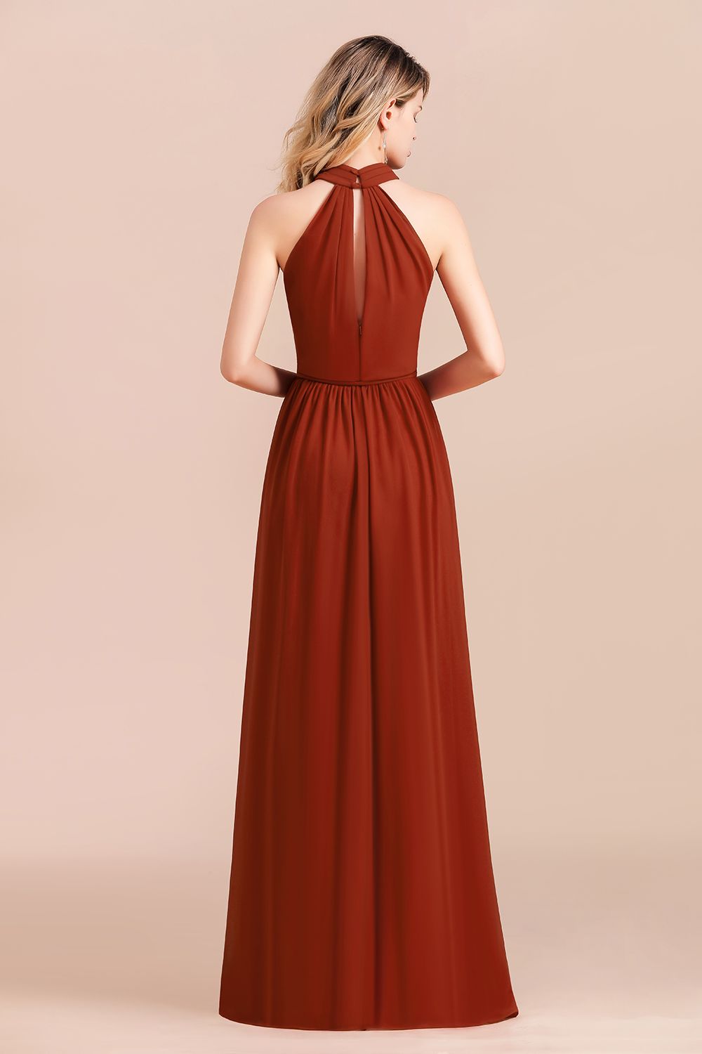 Rust Halter Long Bridesmaid Dresses Online With Front Split-27dress