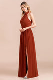 Rust Halter Long Bridesmaid Dresses Online With Front Split-27dress