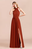 Rust Halter Long Bridesmaid Dresses Online With Front Split-27dress