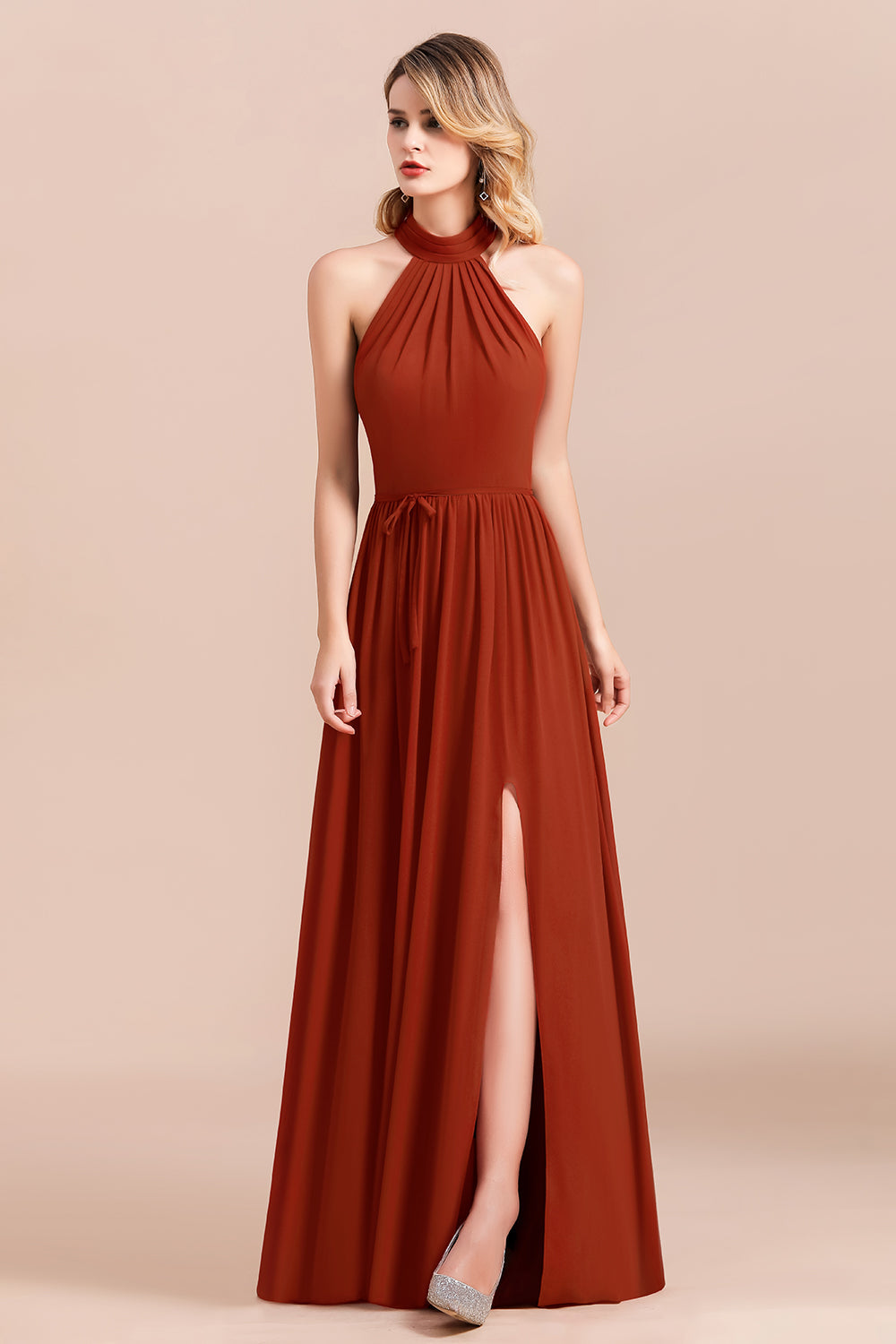 Rust Halter Long Bridesmaid Dresses Online With Front Split-27dress