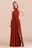 Rust Halter Long Bridesmaid Dresses Online With Front Split-27dress