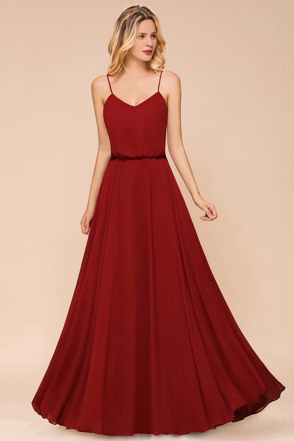 Rust Spaghetti-Starps Long Chiffon Bridesmaid Dresses Online-27dress