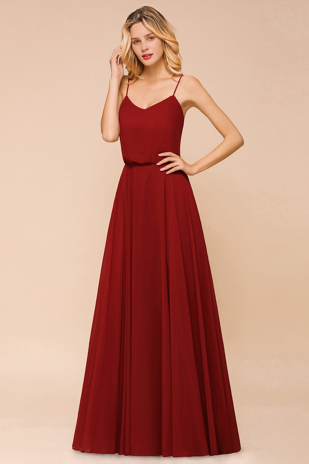 Rust Spaghetti-Starps Long Chiffon Bridesmaid Dresses Online-27dress