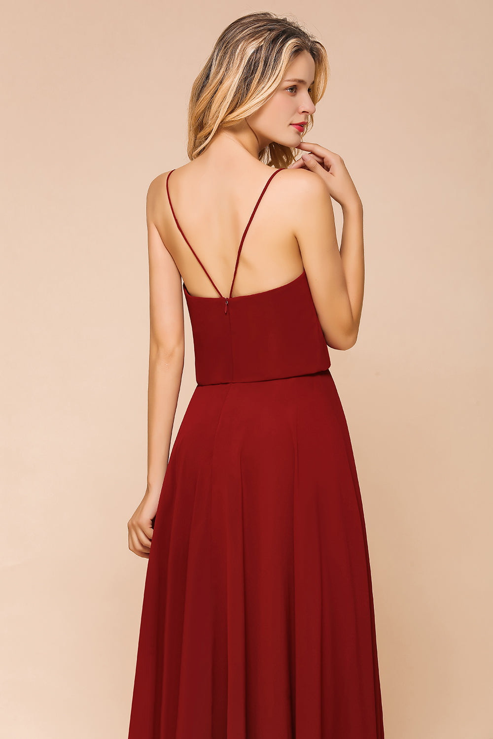 Rust Spaghetti-Starps Long Chiffon Bridesmaid Dresses Online-27dress