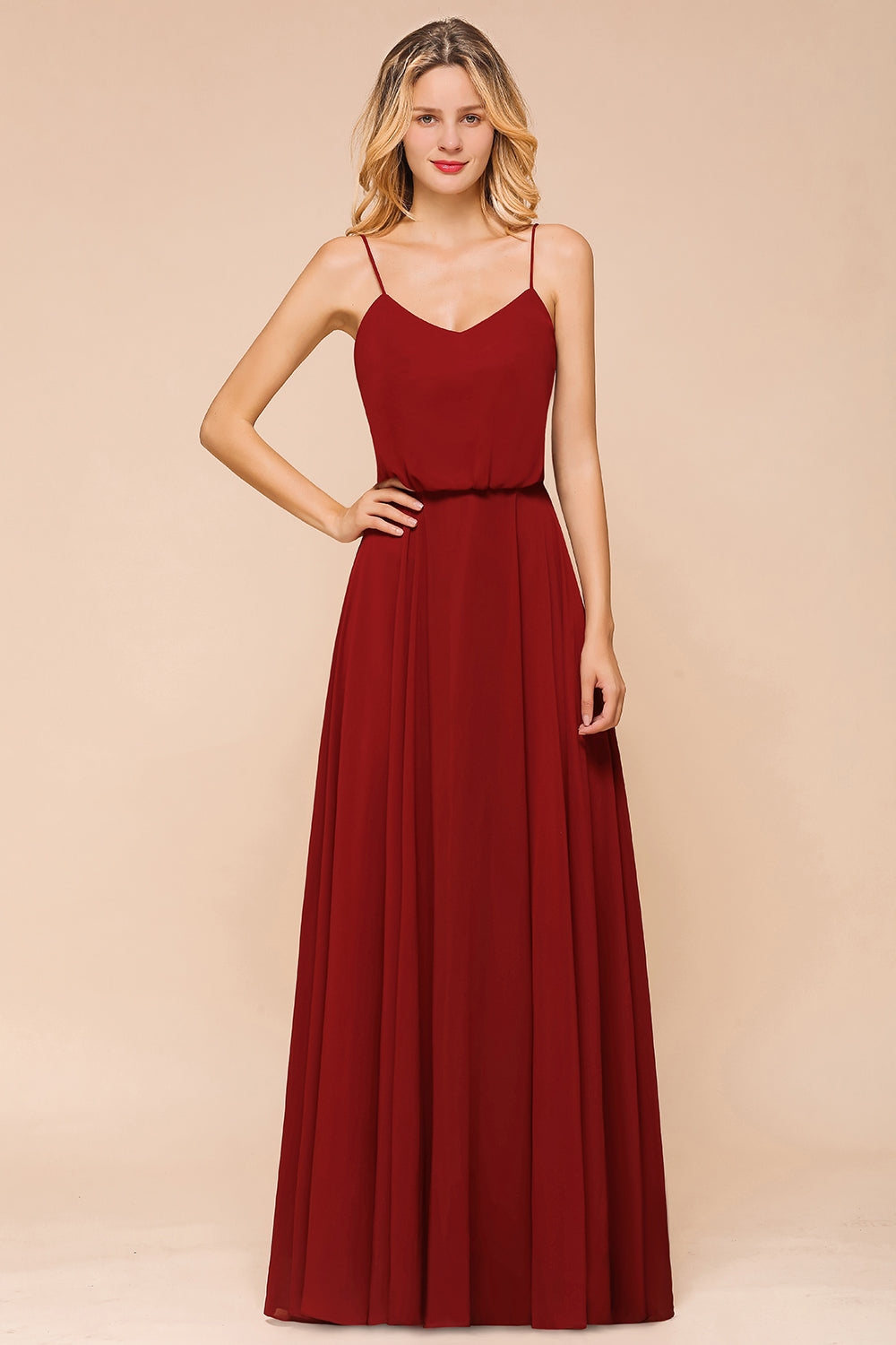 Rust Spaghetti-Starps Long Chiffon Bridesmaid Dresses Online-27dress