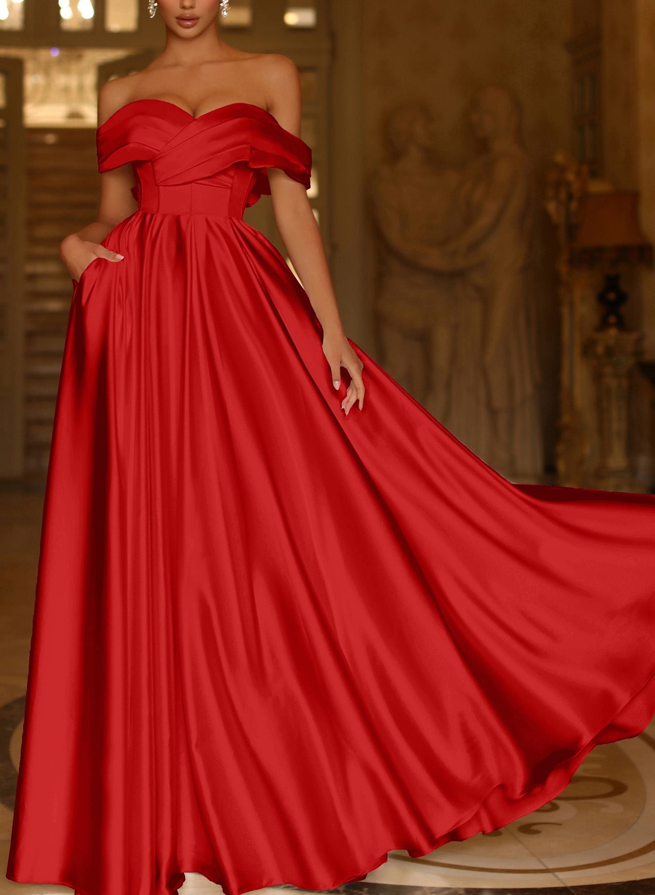 Satin A-Line Prom Dresses With Pockets ¨C Off-The-Shoulder-27dress