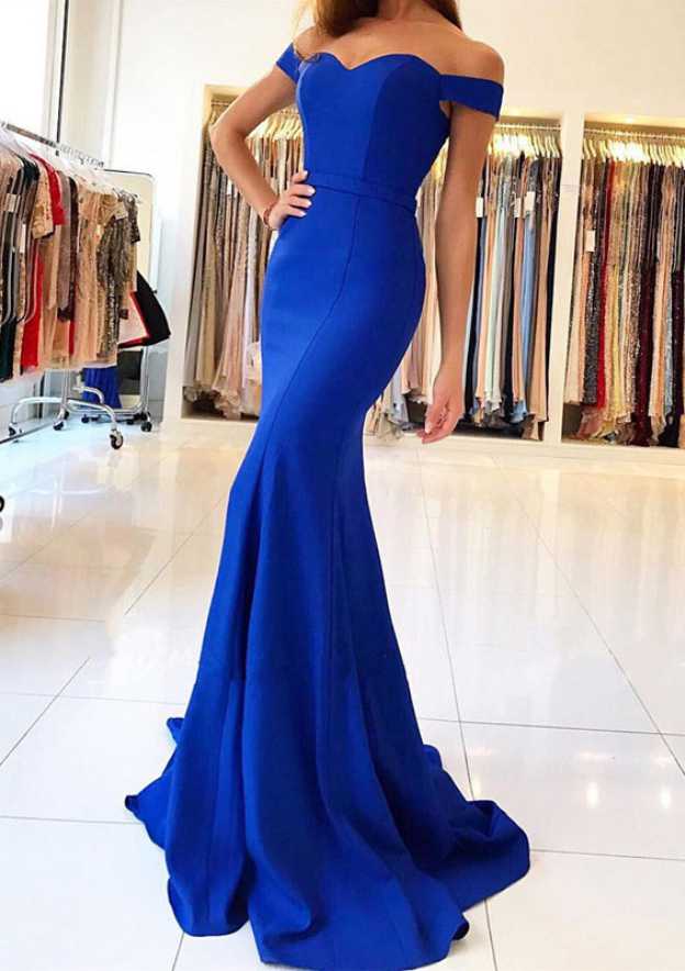 Satin Court Train Trumpet/Mermaid Sleeveless Off-The-Shoulder Zipper Prom Dress With Pleated-27dress