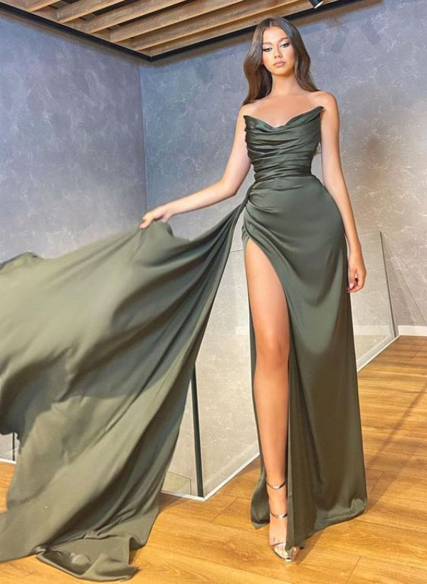 Satin Floor-Length Prom Dress With Ruffle and Sweetheart Sheath/Column Silhouette-27dress