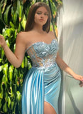 Satin Floor-Length Prom Dress with Split Front and Sheath/Column Sleeveless Strapless Design-27dress