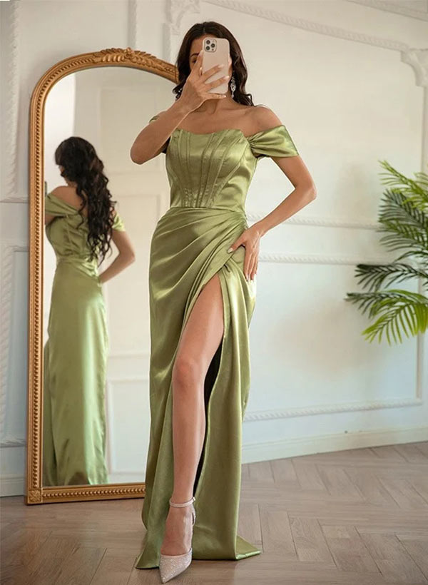 Satin Off-the-Shoulder Prom Dress with Split Front and Floor-Length Sheath/Column Silhouette-27dress