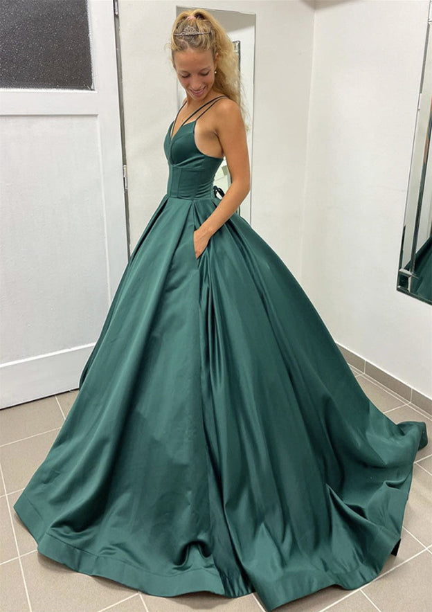 Satin Prom Dress with Pleated Pockets - Ball Gown Sleeveless Scalloped Neck Sweep Train-27dress