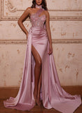 Satin Prom Dress with Sequins and Sheath/Column Sweep Train-27dress