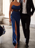 Satin Prom Dress with Split Front and Sheath/Column Cowl Neck Sweep Train-27dress