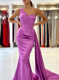 Satin Prom Dresses - Trumpet/Mermaid One-Shoulder Sleeveless Sweep Train-27dress