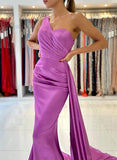 Satin Prom Dresses - Trumpet/Mermaid One-Shoulder Sleeveless Sweep Train-27dress