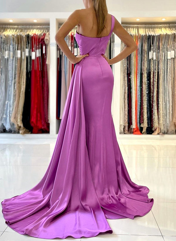 Satin Prom Dresses - Trumpet/Mermaid One-Shoulder Sleeveless Sweep Train-27dress