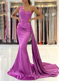 Satin Prom Dresses - Trumpet/Mermaid One-Shoulder Sleeveless Sweep Train-27dress