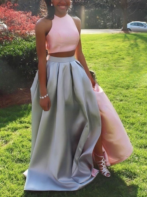 Satin Scoop Neck A-line Sweep Train Pockets Prom Dress