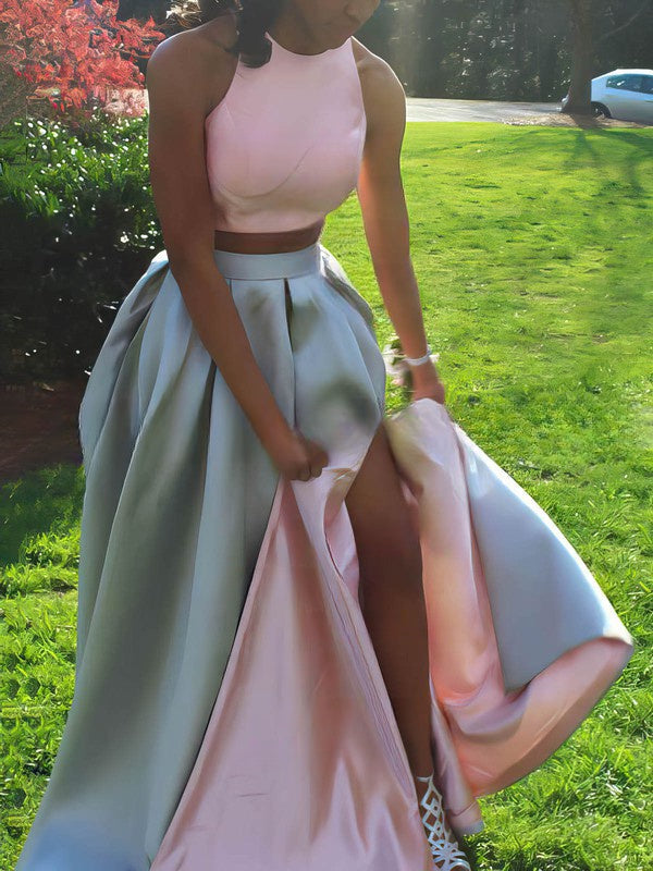 Satin Scoop Neck A-line Sweep Train Pockets Prom Dress