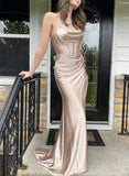 Satin Sweep Train Prom Dress with Sheath/Column Cowl Neck Sleeveless-27dress