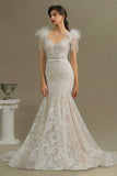 Scoop Lace Mermaid Wedding Dress With Feather-27dress